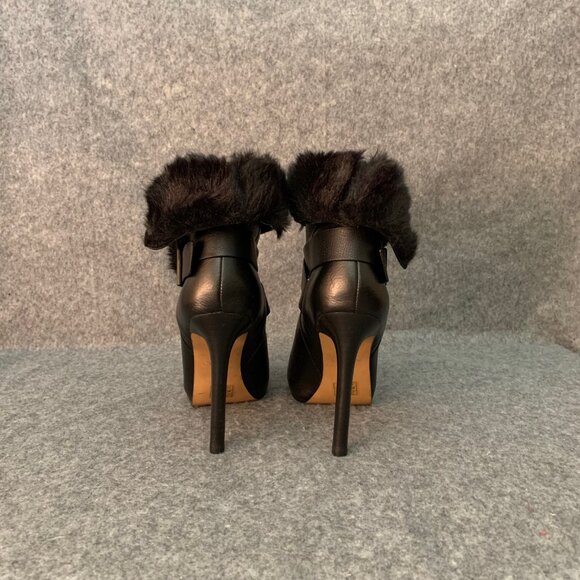 Aldo Women's Black Leather Pull Up Bootie Faux Fur Side Buckle Strap Ankle Boots - Picture 10 of 11